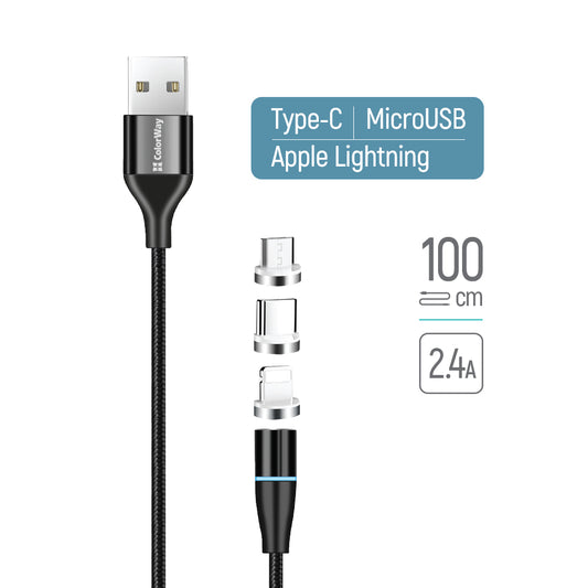 Ladekabel ColorWay USB (Apple+MicroUSB+Type-C) Magnetisch 2,4A 1m schwarz