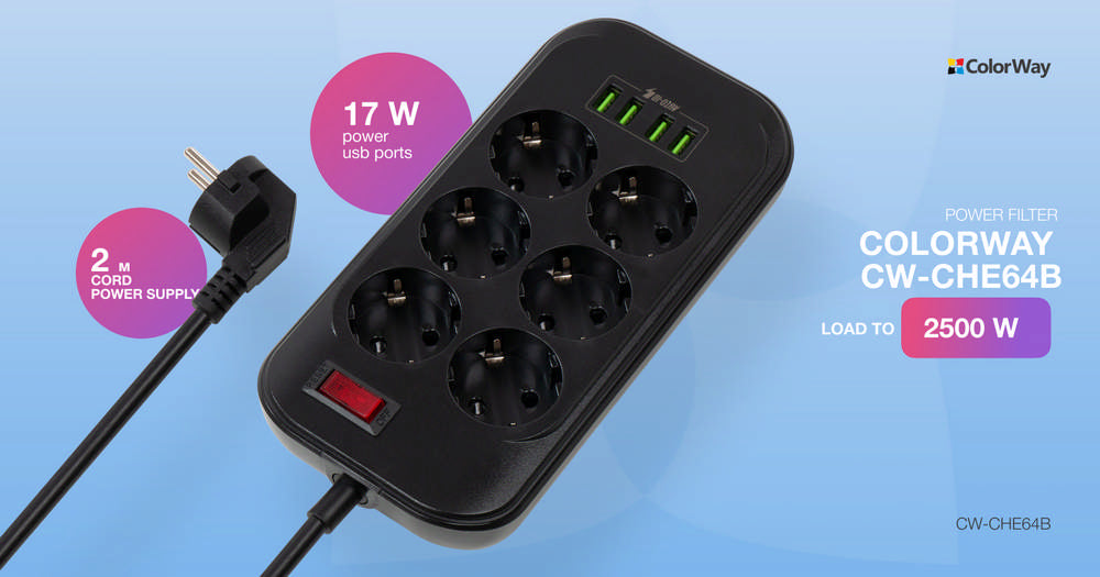 Steckdose ColorWay, 4xUSB, 2 m, 250 V, 6 Euro-Steckdose, CW-CHE64B Schwarz