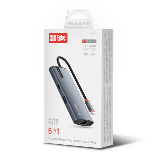 ColorWay USB-C Dockingstation 6-in-1, Hub, 100W Power Delivery, 5 Gbps, 4X USB-A, 1x USB-C, Ethernet, Grau