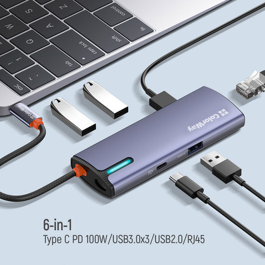 ColorWay USB-C Dockingstation 6-in-1, Hub, 100W Power Delivery, 5 Gbps, 4X USB-A, 1x USB-C, Ethernet, Grau
