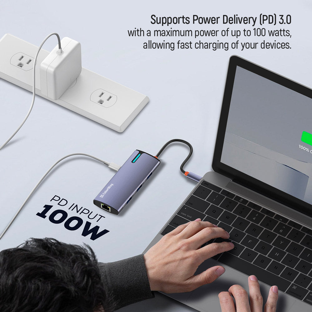 ColorWay USB-C Dockingstation 6-in-1, Hub, 100W Power Delivery, 5 Gbps, 4X USB-A, 1x USB-C, Ethernet, Grau