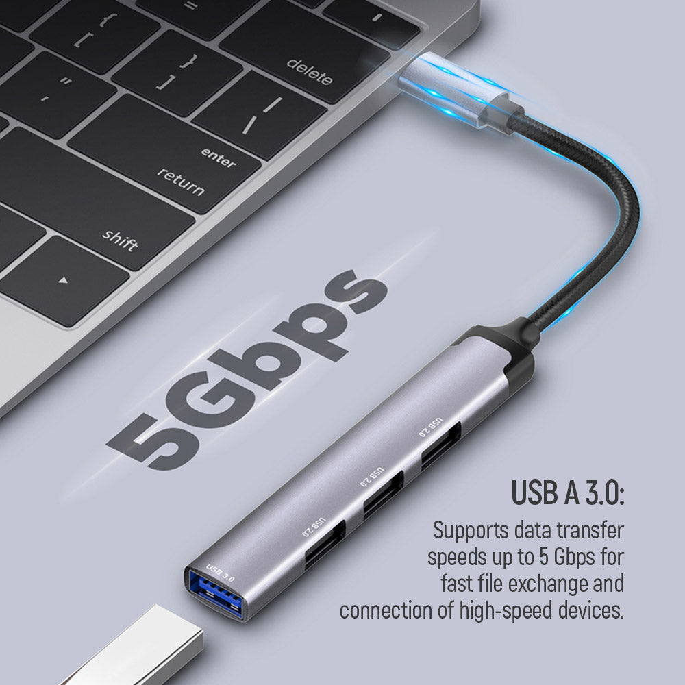 ColorWay USB-C Hub 4-in-1, 3x USB 2.0 und 1x USB 3.0 Anschlüsse, 5 Gbit/s, Aluminium-Dockingstation, Grau