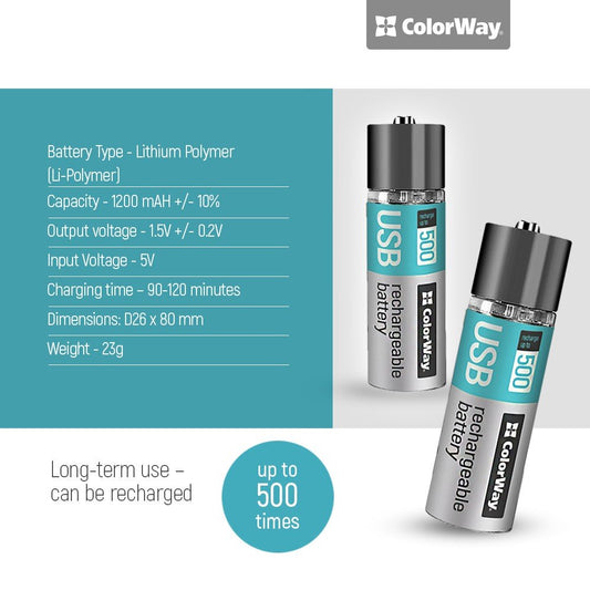 Wiederaufladbare Batterie ColorWay AA USB 1200 mAh 1,5V (2 Stk.) CW-UBAA-02