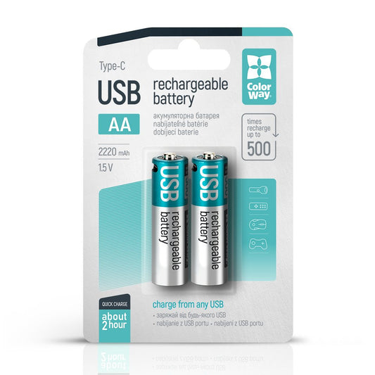 Wiederaufladbare Batterie ColorWay AA USB-C 2200mAh 1,5V (Li-Polymer) (2 Stück)
