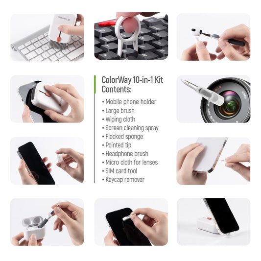 ColorWay 10-in-1 Reinigungsset für Elektronik | Für Kopfhörer, Tastatur, Display & Objektive | Mit Bürsten, Mikrofasertuch, SIM-Tool & Handyhalter