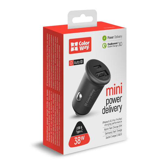 ColorWay Autoladegerät. Zigarettenanzünder. 38 W. Typ C. PD20 W + USB QC3.0 Power Delivery. Quick Charge 2.0 & 3.0