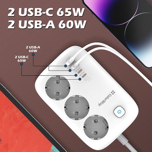 Steckdose Colorway 3 Stecker/4USB GaN3 Pro PD (2USB-A + 2 TYPE-C) 2m weiß