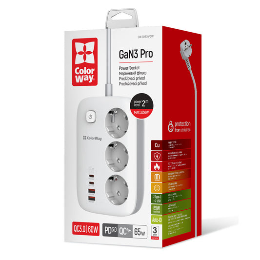 Steckdose Colorway 3 Stecker/4USB GaN3 Pro PD (2USB-A + 2 TYPE-C) 2m weiß