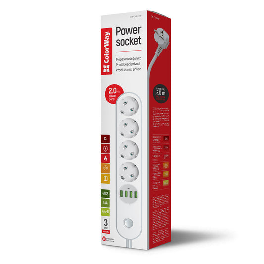 ColorWay Steckdose. Überspannungsschutz. 2m Kabel. 4-fach Steckdosenleiste. 4 USB. USB-Auto-ID. Bis zu 3,4 A max. CW-CHE44W. Weiß