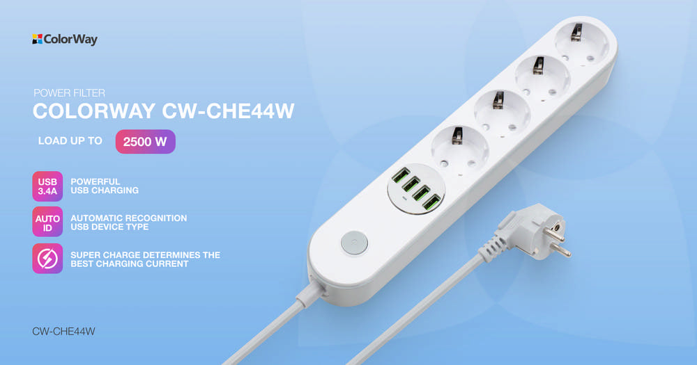 ColorWay Steckdose. Überspannungsschutz. 2m Kabel. 4-fach Steckdosenleiste. 4 USB. USB-Auto-ID. Bis zu 3,4 A max. CW-CHE44W. Weiß
