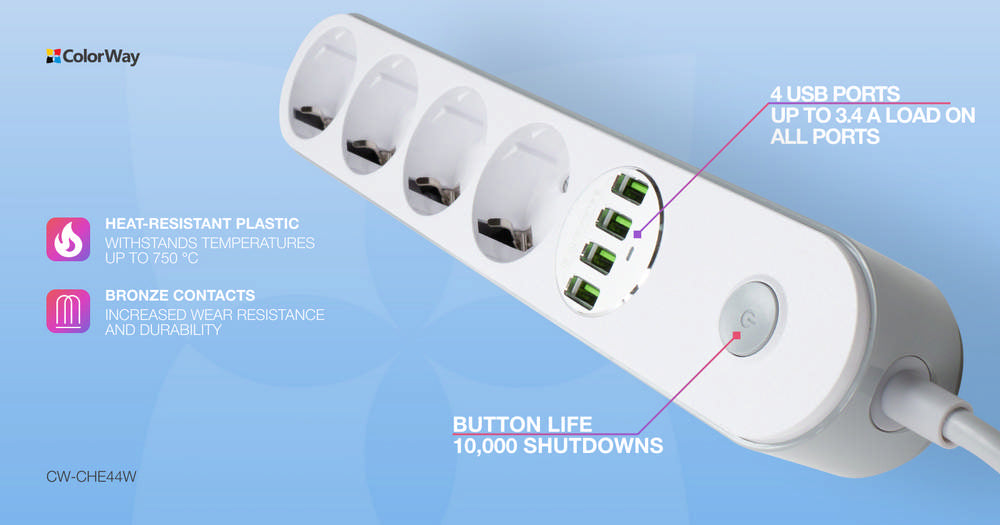 ColorWay Steckdose. Überspannungsschutz. 2m Kabel. 4-fach Steckdosenleiste. 4 USB. USB-Auto-ID. Bis zu 3,4 A max. CW-CHE44W. Weiß