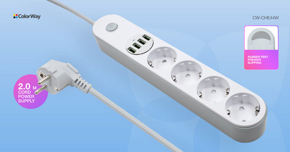 ColorWay Steckdose. Überspannungsschutz. 2m Kabel. 4-fach Steckdosenleiste. 4 USB. USB-Auto-ID. Bis zu 3,4 A max. CW-CHE44W. Weiß