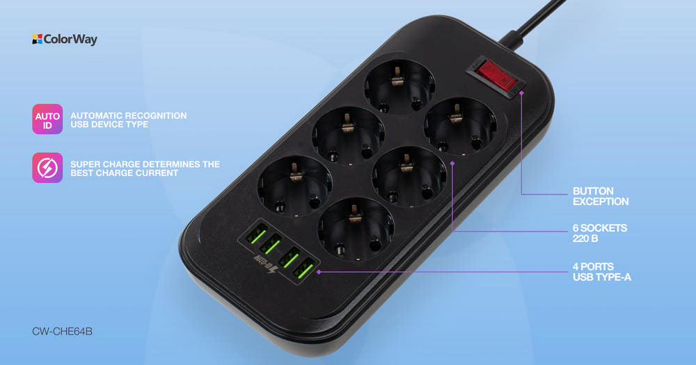 Steckdose ColorWay, 4xUSB, 2 m, 250 V, 6 Euro-Steckdose,  CW-CHE64B Schwarz