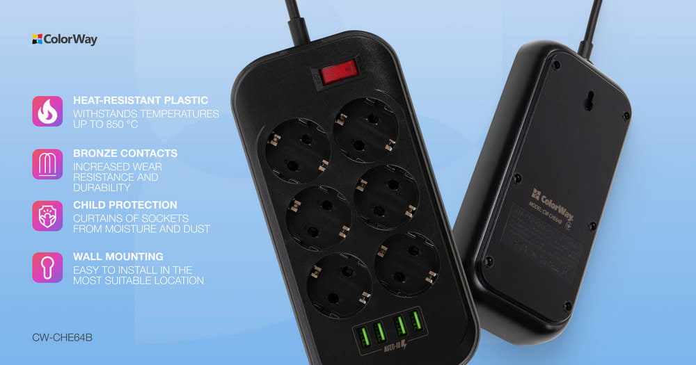 Steckdose ColorWay, 4xUSB, 2 m, 250 V, 6 Euro-Steckdose,  CW-CHE64B Schwarz