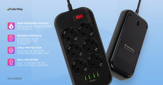 Steckdose ColorWay, 4xUSB, 2 m, 250 V, 6 Euro-Steckdose,  CW-CHE64B Schwarz