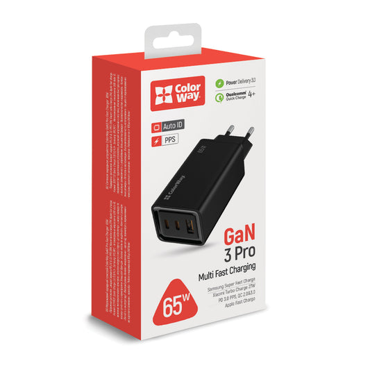 Ladegerät Colorway GaN3 Pro Power Delivery (USB-A + 2 USB TYPE-C) 65W schwarz