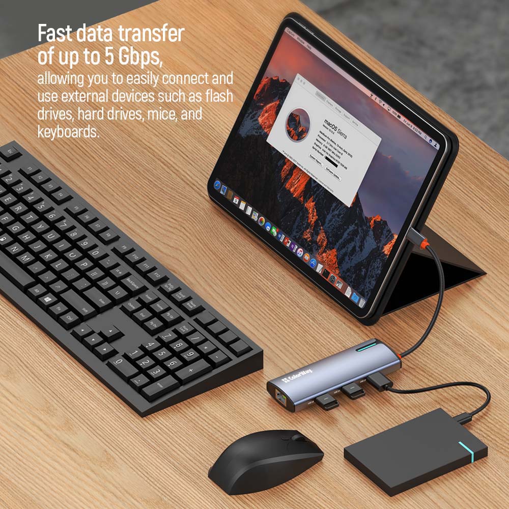 ColorWay USB-C Dockingstation 6-in-1, 6-in-1 Usb Hub, 100W PD, 3X USB 3.0, 4K HDMI, RJ45 Ethernet, Grau