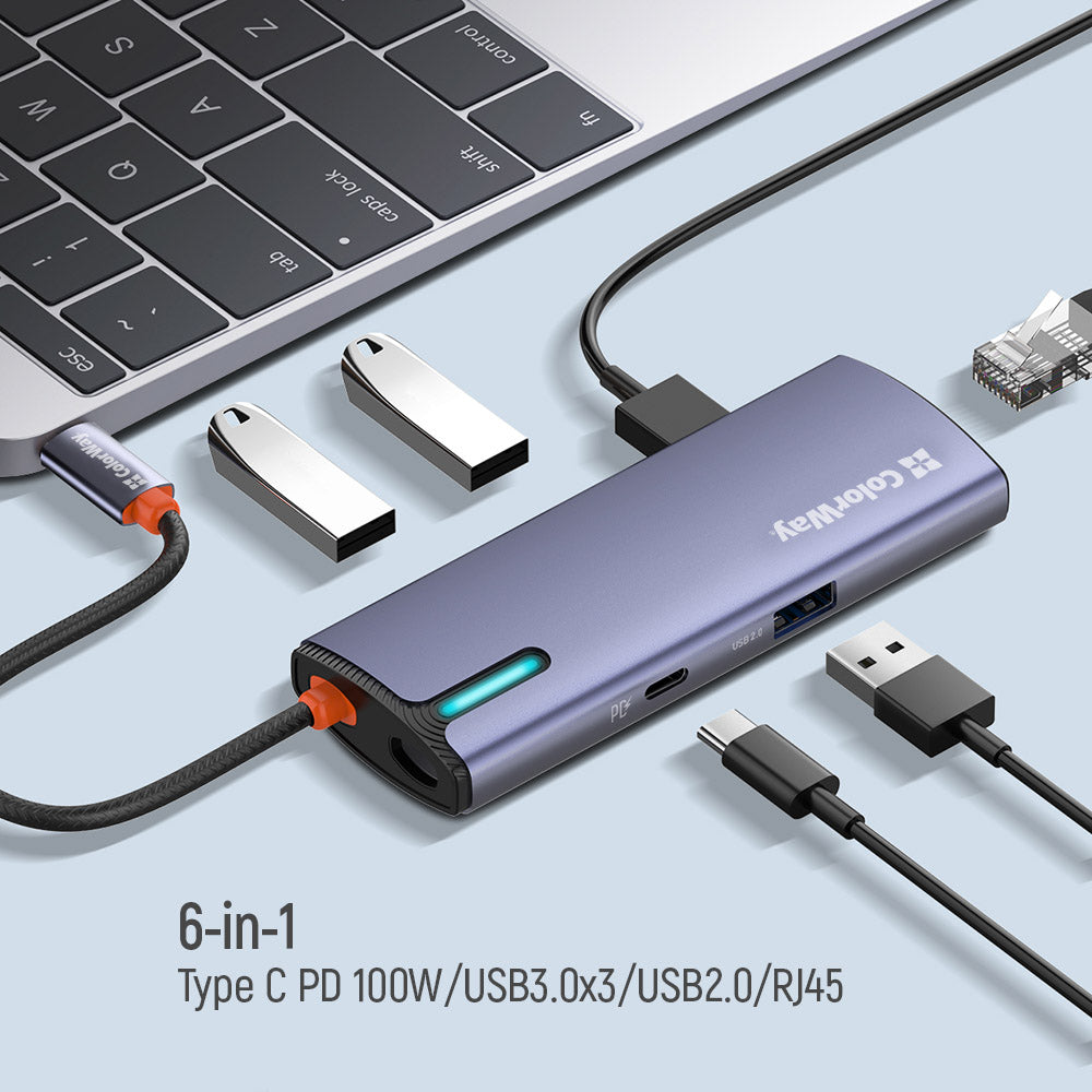 ColorWay USB-C Dockingstation 6-in-1, Hub, 100W Power Delivery, 5 Gbps, 4X USB-A, 1x USB-C, Ethernet, Grau