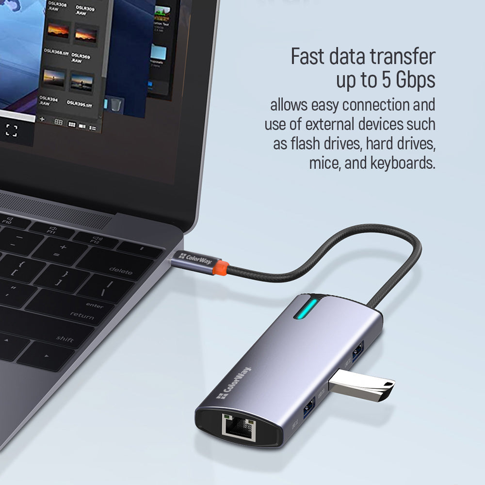 ColorWay USB-C Dockingstation 6-in-1, Hub, 100W Power Delivery, 5 Gbps, 4X USB-A, 1x USB-C, Ethernet, Grau