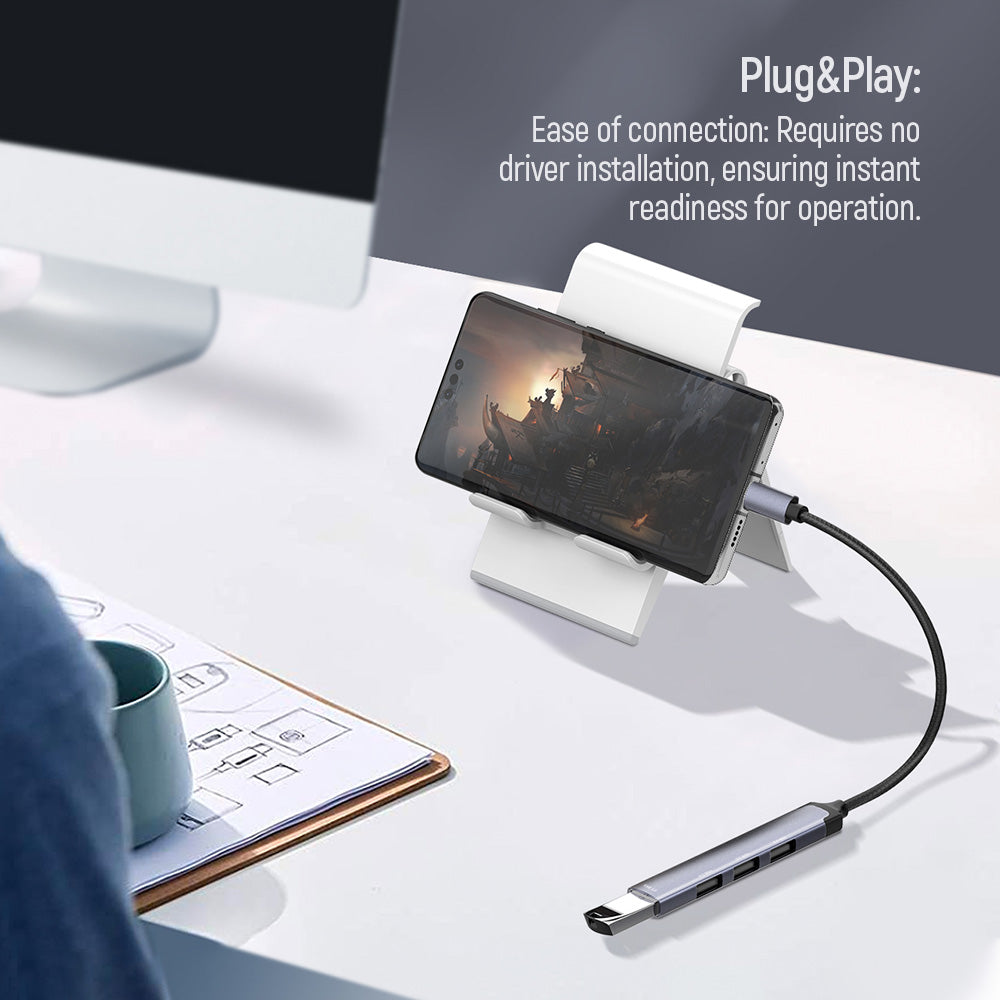 ColorWay USB-C Hub 4-in-1, 3x USB 2.0 und 1x USB 3.0 Anschlüsse, 5 Gbit/s, Aluminium-Dockingstation, Grau