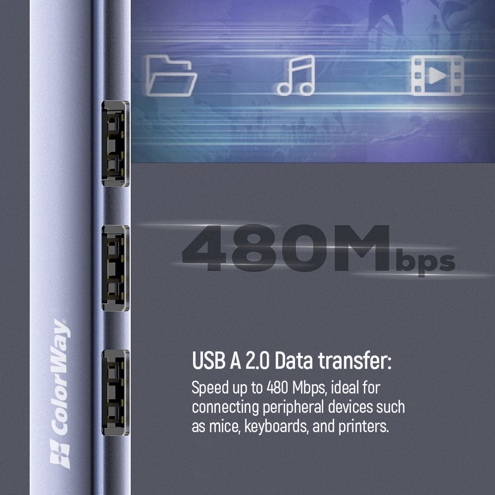 ColorWay USB-C Hub 4-in-1, 3x USB 2.0 und 1x USB 3.0 Anschlüsse, 5 Gbit/s, Aluminium-Dockingstation, Grau