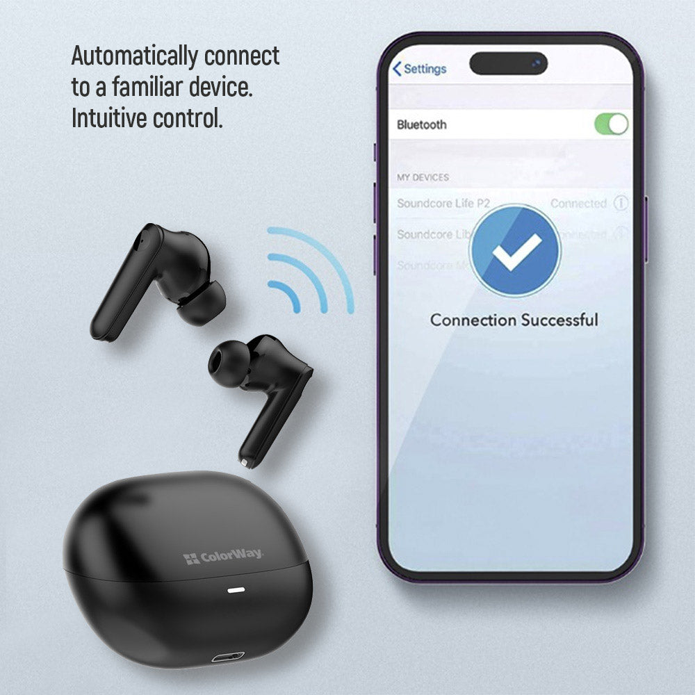 COLORWAY TWS-1 Bluetooth Kopfhörer, Kabellos, 20 Stunden Akkulaufzeit mit Ladecase, Bluetooth 5.3, Schwarz